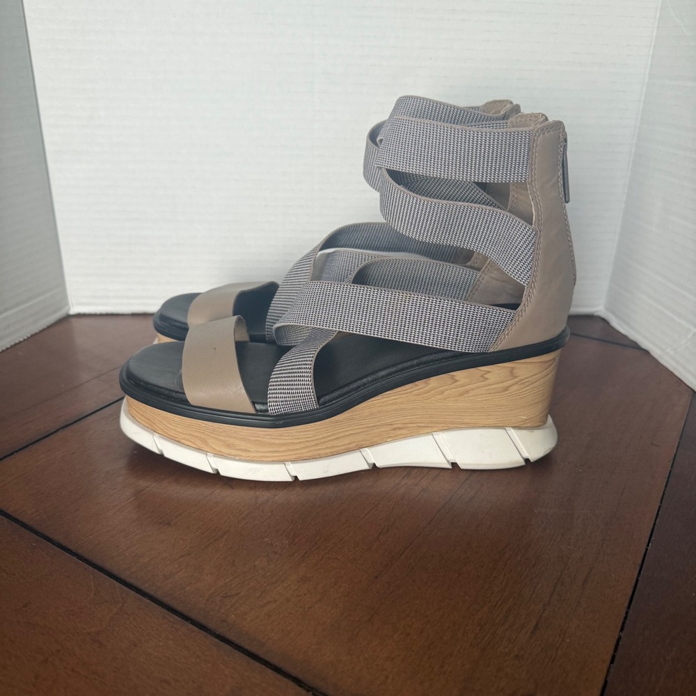 Sorel Joanie III Sport Strap Tan Grey Leather Wedge Platform Sandals 8